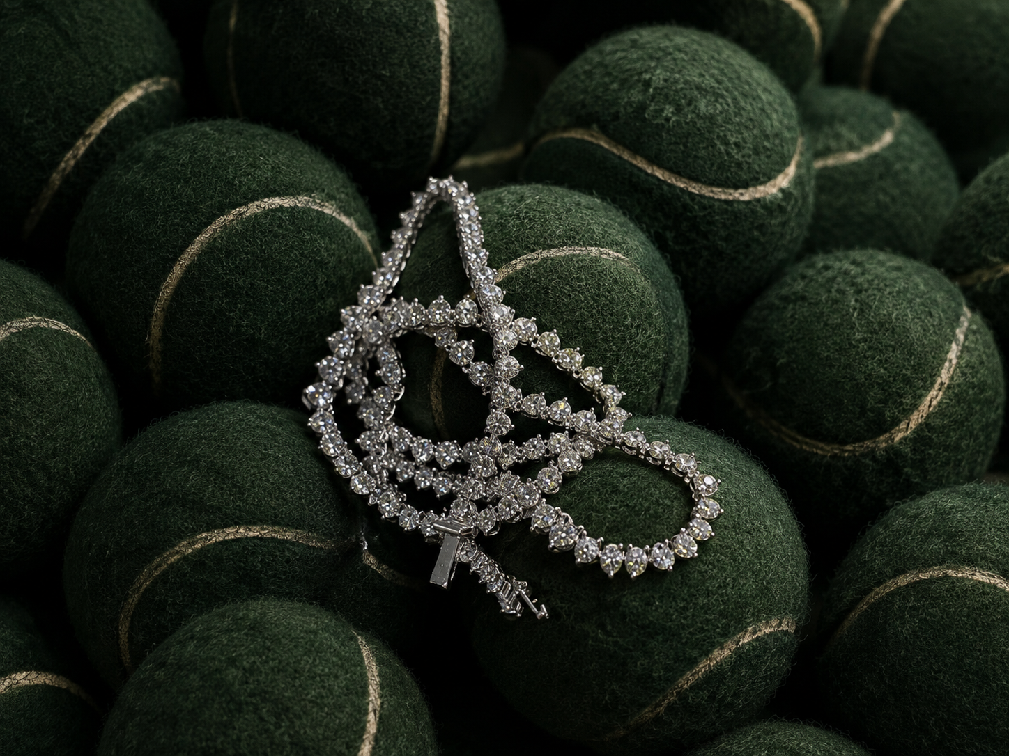 Diamond tennis necklace draped flat against skin, showing calibrated zero-flip setting