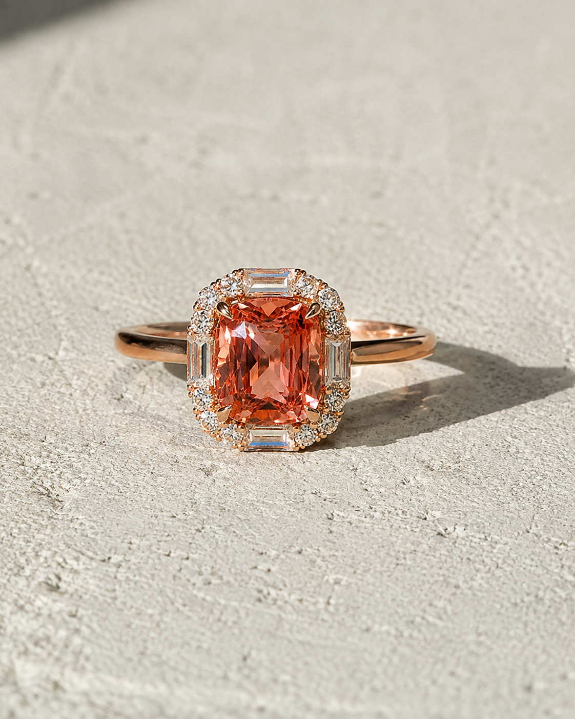 Cushion Padparadscha Sapphire & Mixed-Shape Diamond Halo Ring