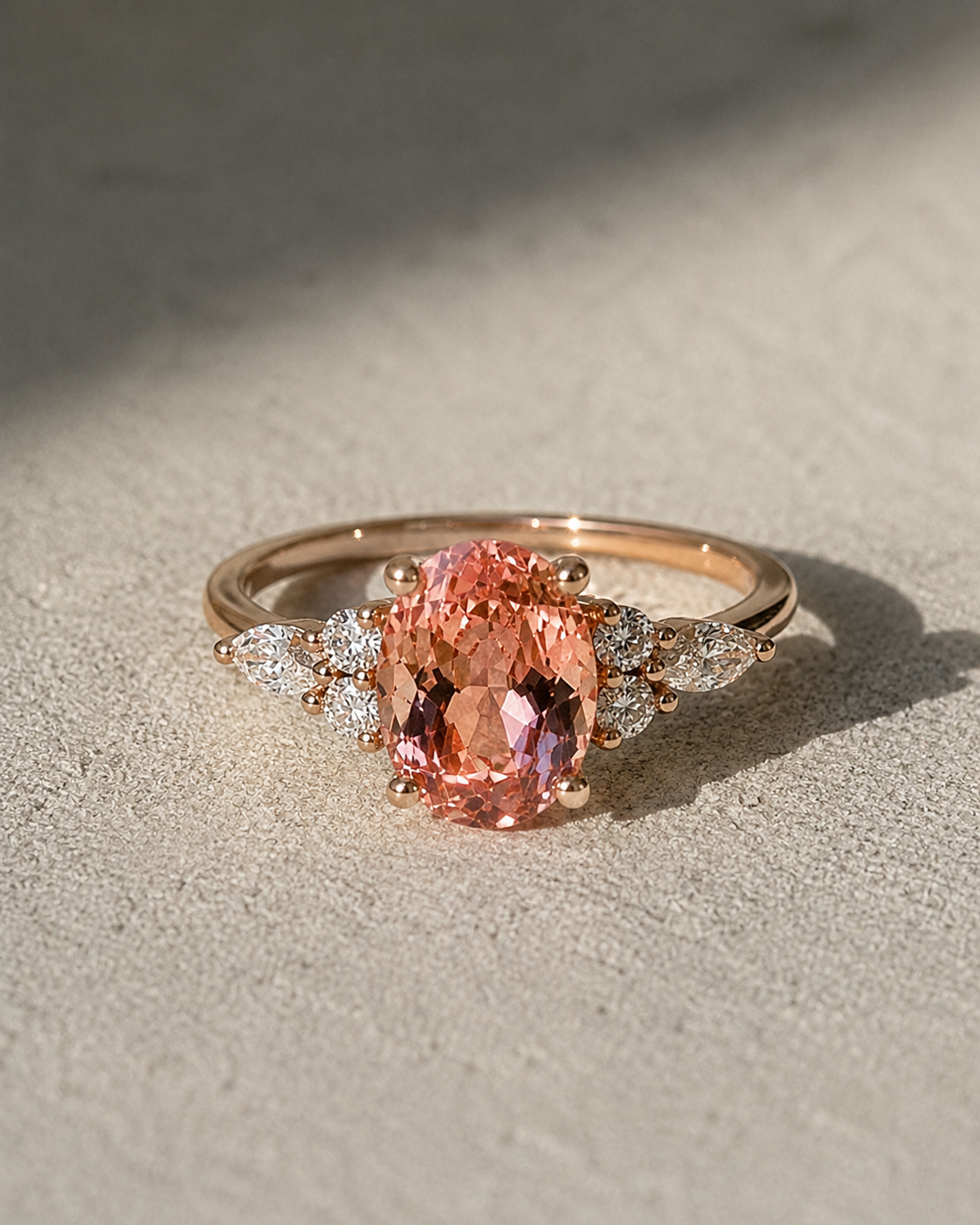 Oval Padparadscha Sapphire & Diamond Cluster Engagement Ring