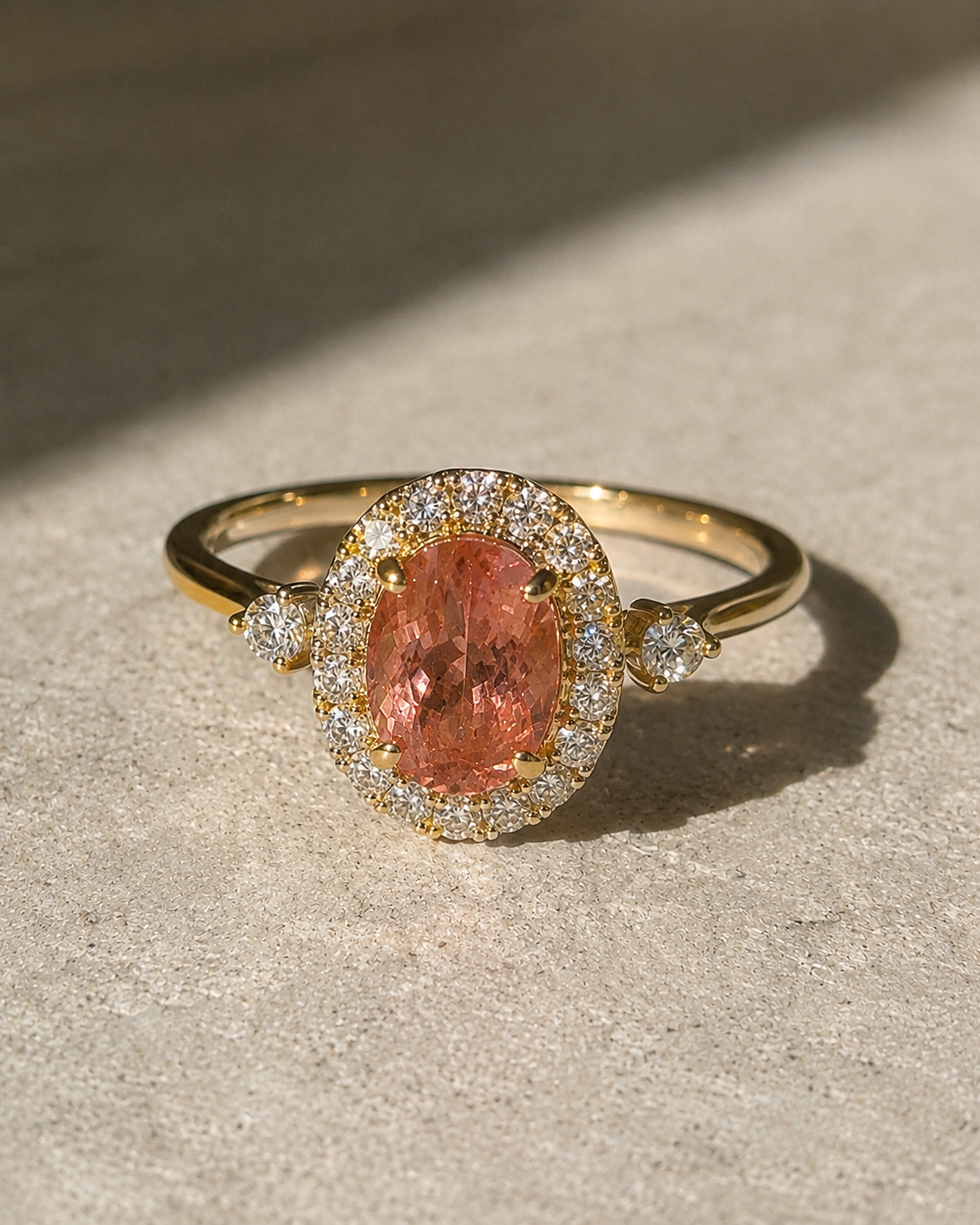 Oval Padparadscha Sapphire & Diamond Halo Engagement Ring