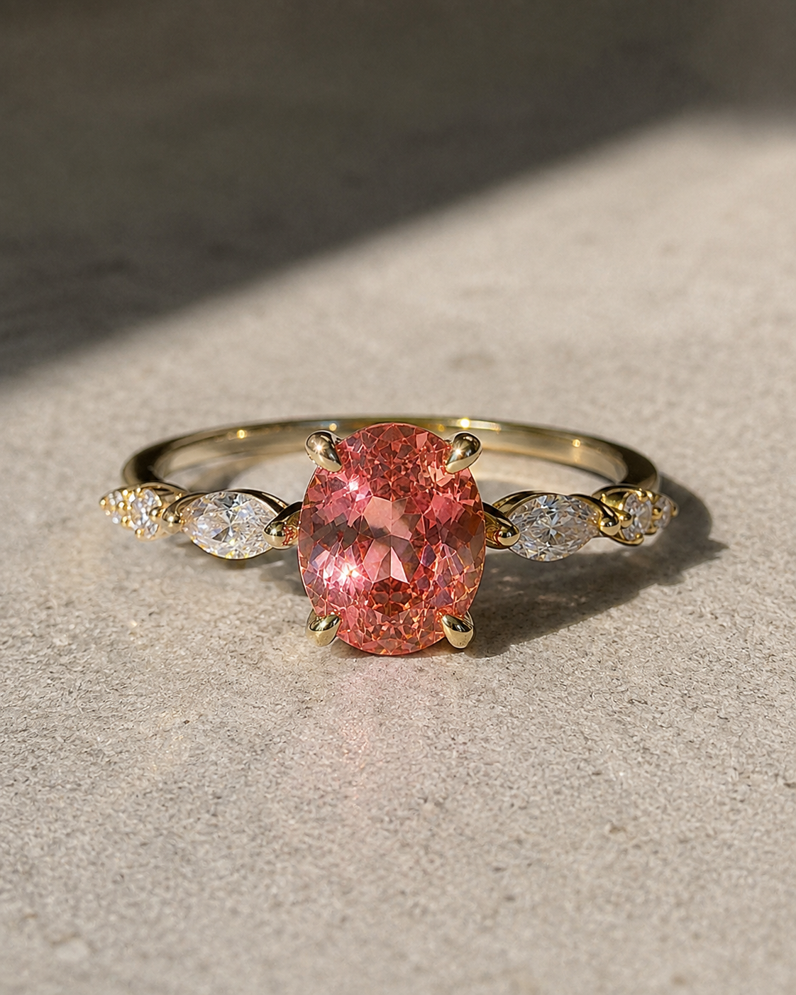 Oval Padparadscha Sapphire & Marquise Diamond Cluster Ring