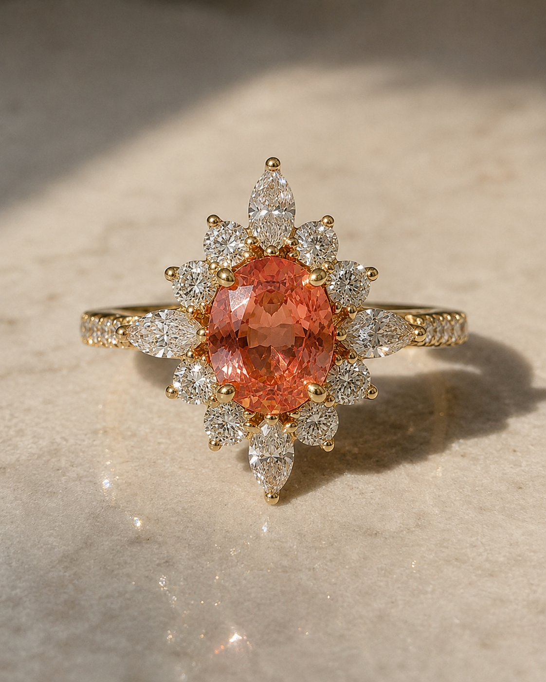 Oval Padparadscha Sapphire Sunburst Halo Engagement Ring
