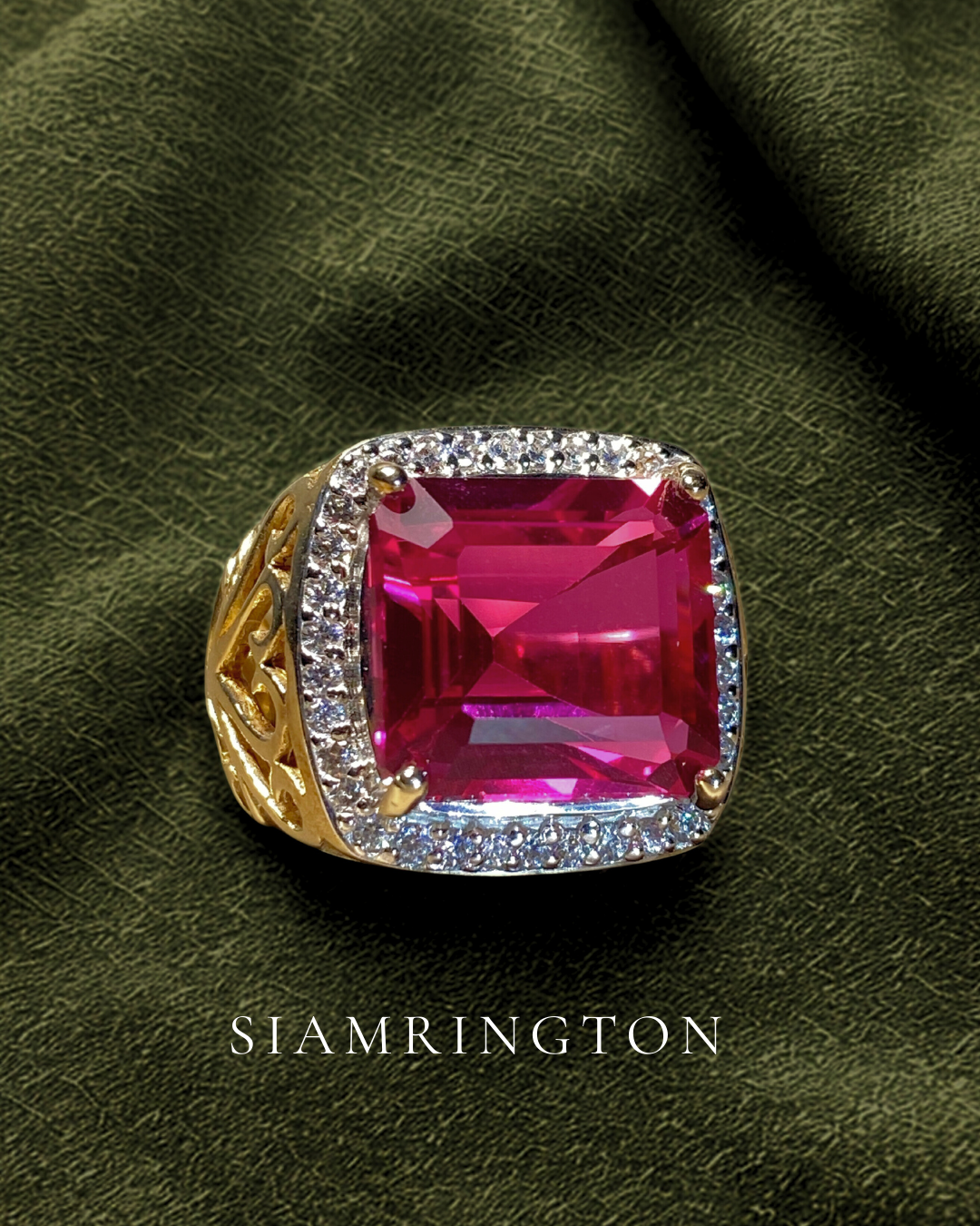 Square-Cut Ruby Ring with Diamond Halo
