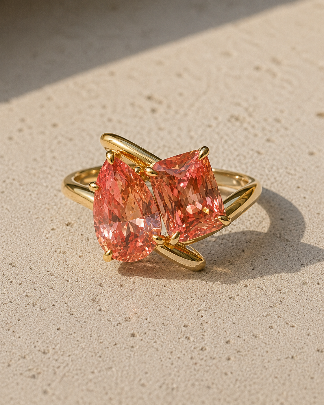 Toi et Moi Pear & Radiant Cut Padparadscha Sapphire Ring