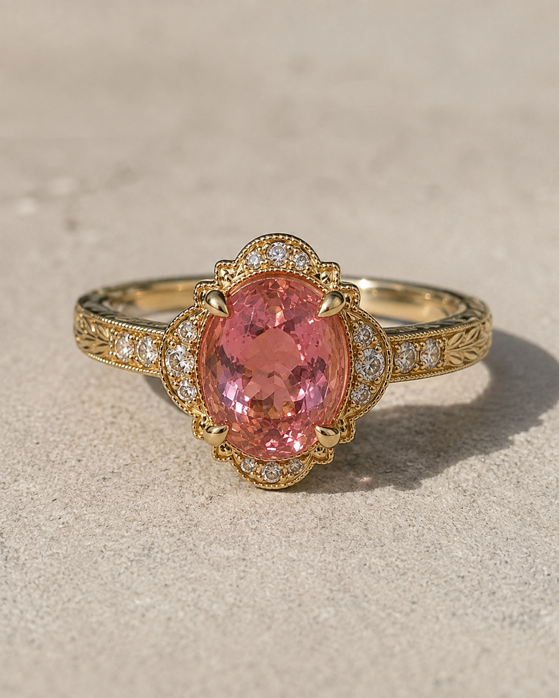 Vintage Engraved Oval Padparadscha Sapphire & Diamond Halo Ring