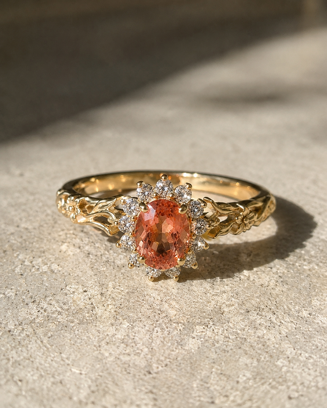 Vintage Floral Oval Padparadscha Sapphire & Diamond Halo Engagement Ring