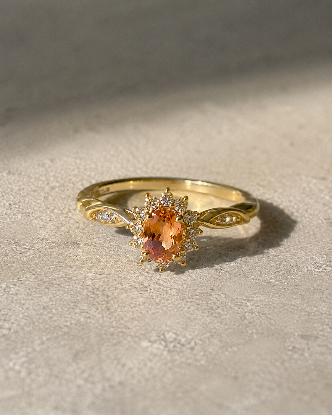 Vintage Oval Padparadscha Sapphire & Diamond Halo Engagement Ring